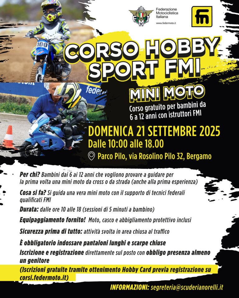 Mini Moto Day a Bergamo: corso gratuito Fmi per bambini il 21 settembre
